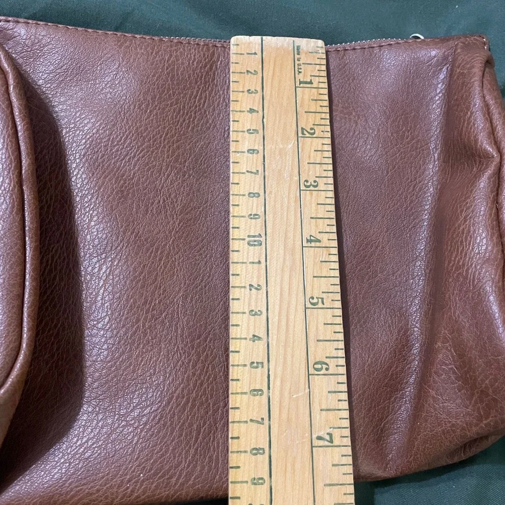 Unisex Brown Faux Leather Zippered Travel Pouch Toiletry Makeup Cosmetic Vegan